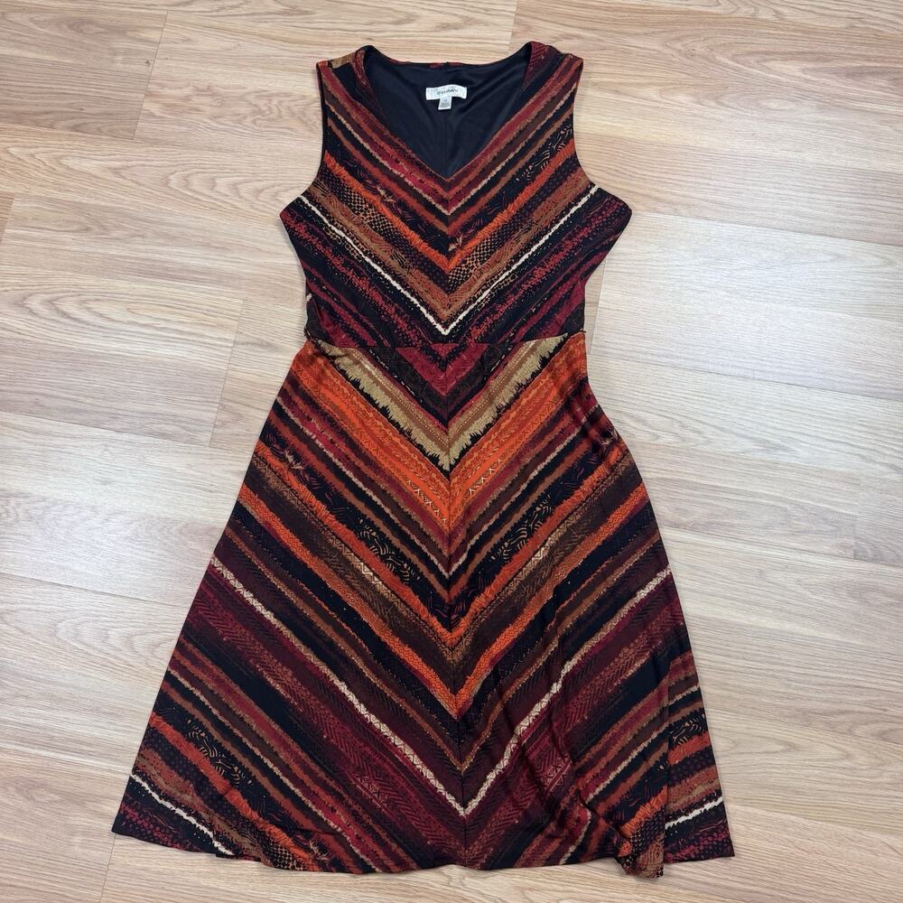 Womens Dress Sz10 Orange Red Funky Print Abstract Sleeveless Earth Tones Striped